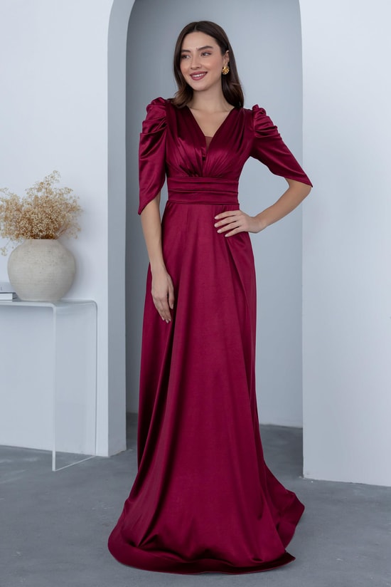 Kol Detaylı Saten Abiye - BORDO