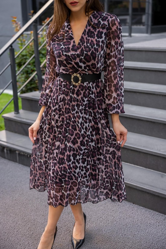 Leopar Desen Pliseli Elbise - KAHVERENGİ