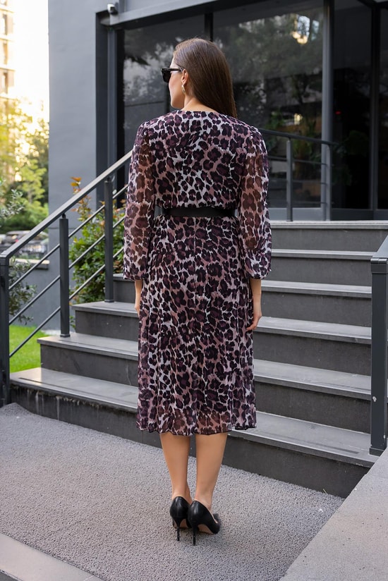 Leopar Desen Pliseli Elbise - KAHVERENGİ