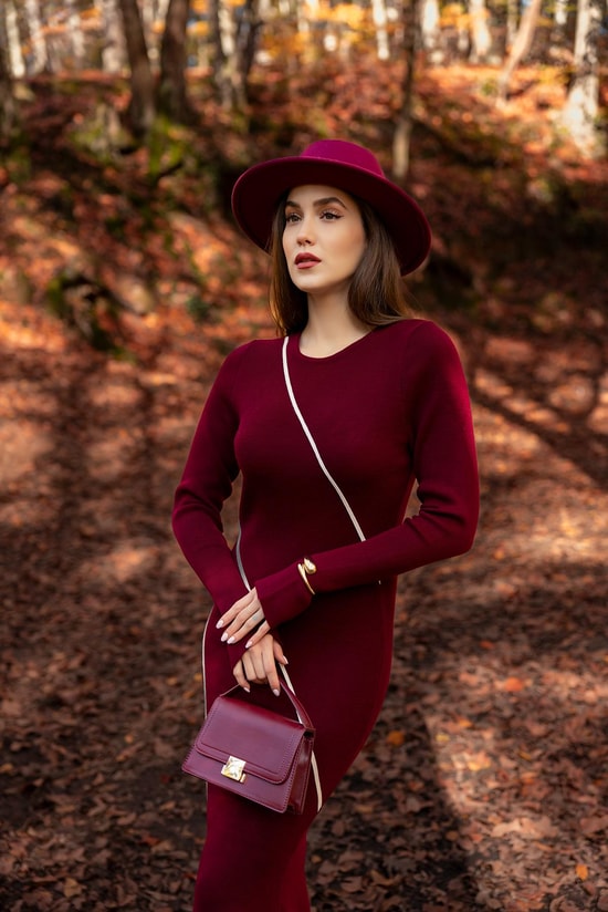 Şeritli Uzun Triko Elbise - BORDO