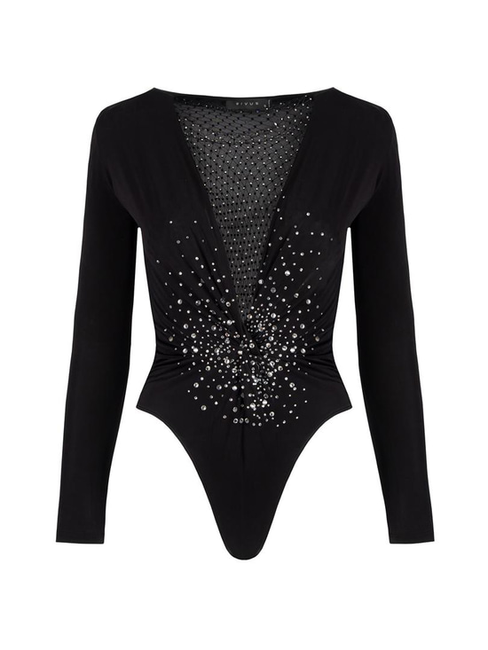 Alttan Çıtçıtlı Uzun Kollu Kristal Taşlı İkonik Body - Siyah