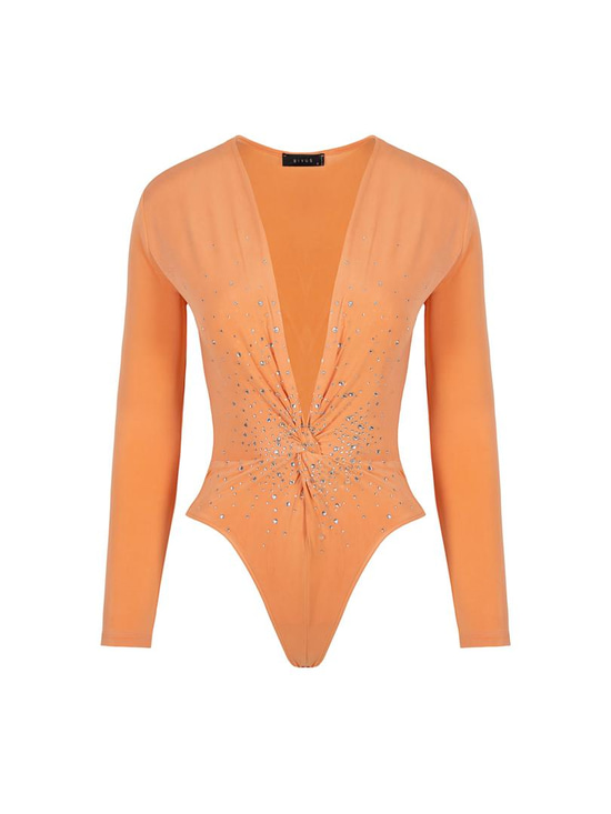 Alttan Çıtçıtlı Uzun Kollu Kristal Taşlı İkonik Body - Oranj