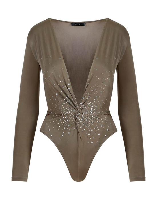 Alttan Çıtçıtlı Uzun Kollu Kristal Taşlı İkonik Body - Haki