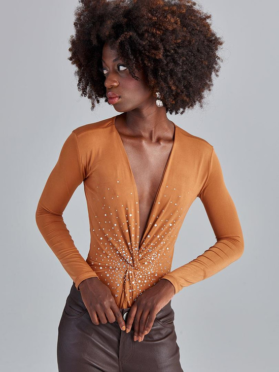 Alttan Çıtçıtlı Uzun Kollu Kristal Taşlı İkonik Body - Taba