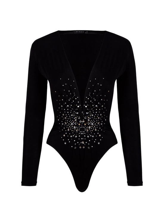 Alttan Çıtçıtlı Uzun Kollu Kristal Taşlı İkonik Body - Siyah