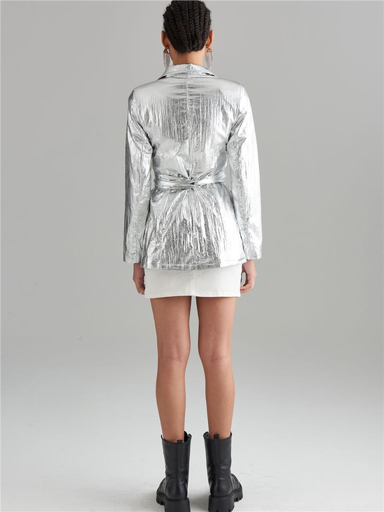 ARGEMON Glitter Paraşüt Kumaş Bağlamalı Vatkalı Blazer Ceket - Silver