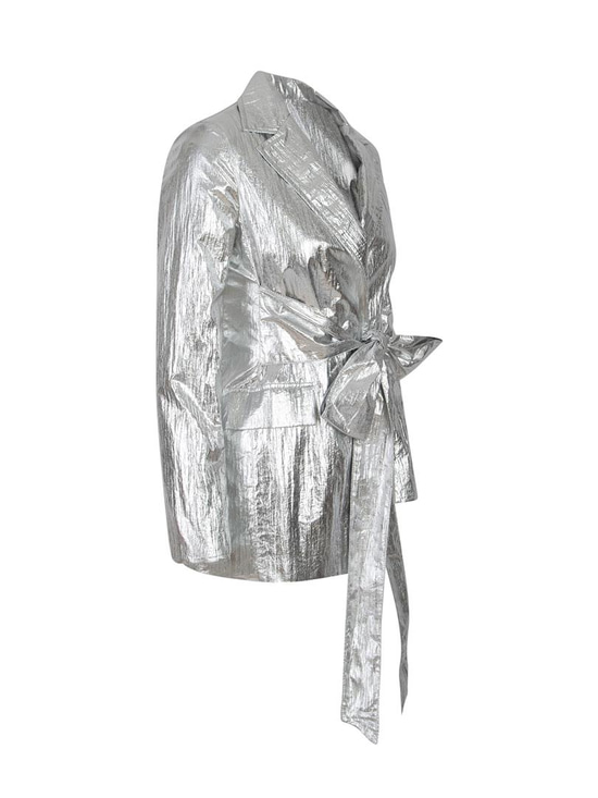 ARGEMON Glitter Paraşüt Kumaş Bağlamalı Vatkalı Blazer Ceket - Silver