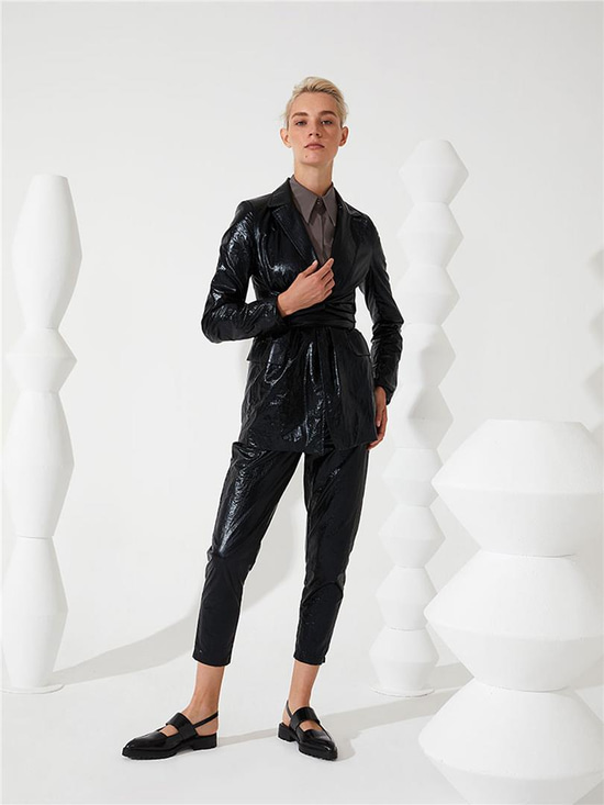 ARGEMON Glitter Paraşüt Kumaş Bağlamalı Vatkalı Blazer Ceket - Siyah