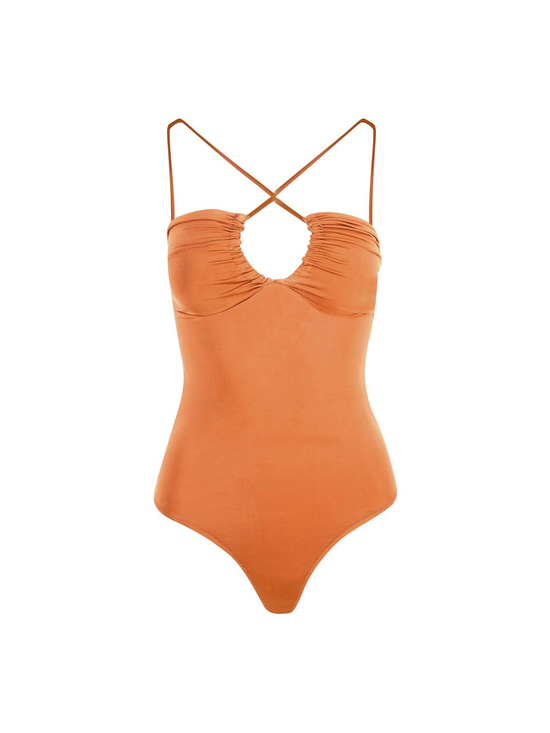 Askı Detaylı Drapeli Body - Taba Body & Bluz Modelleri