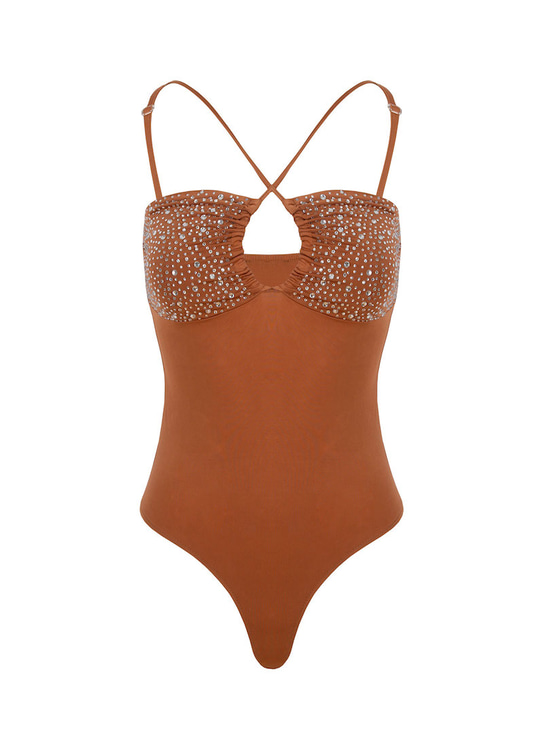Askı Detaylı Drapeli Kristal Taşlı Body - Taba