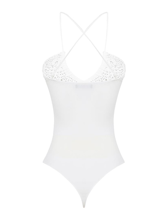 Askı Detaylı Drapeli Kristal Taşlı Body - Ekru