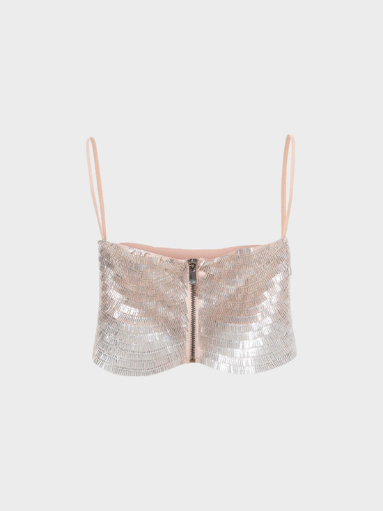 Askılı Boru Pullu Kısa Crop Şık Bluz - Gümüş Bluz Modelleri