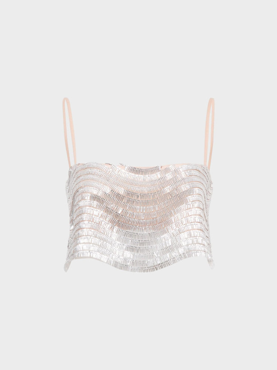 Askılı Boru Pullu Kısa Crop Şık Bluz - Gümüş Bluz Modelleri