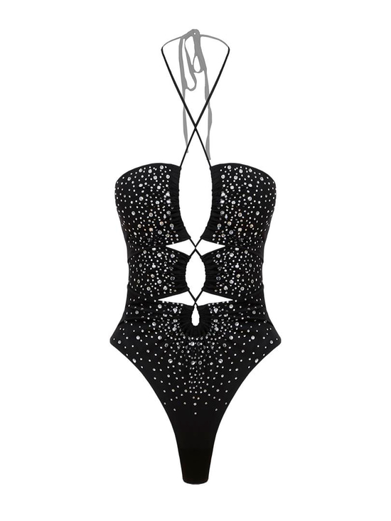 Askılı Dekolteli Kristal Taşlı Body - Siyah