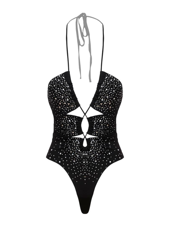 Askılı Dekolteli Kristal Taşlı Body - Siyah