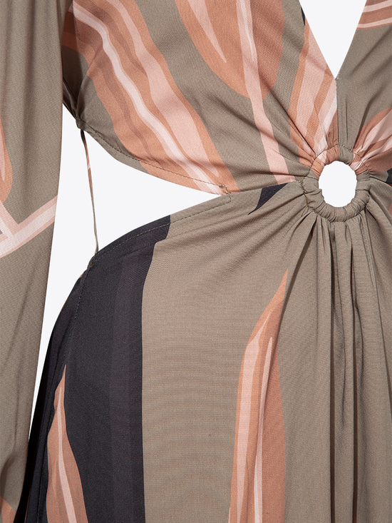 Bambu Desen Cut Out Elbise - Haki Desenli