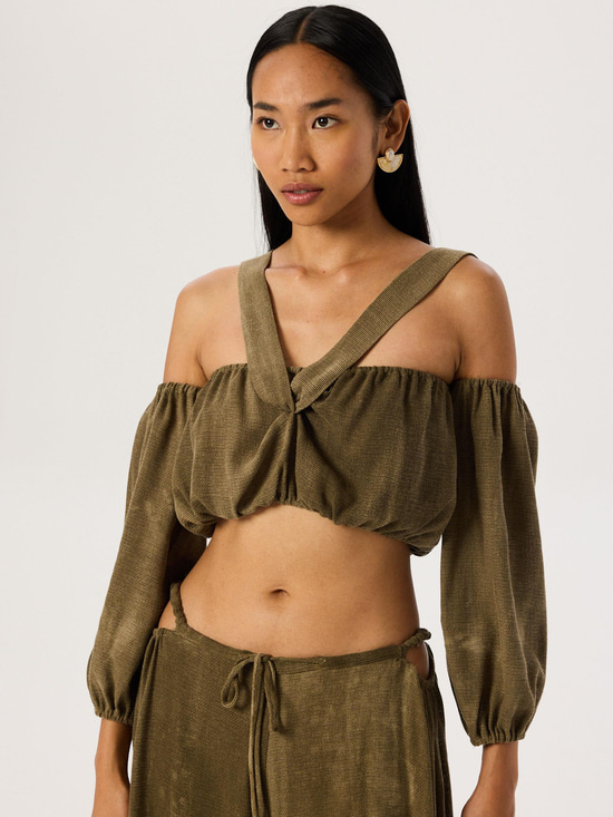 Batik Yıkama Düşük Omuzlu Fonksiyonel Bağlamalı Crop Bluz - Haki Bluz Modelleri