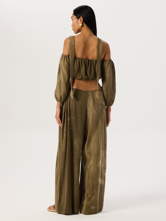 Batik Yıkama Düşük Omuzlu Fonksiyonel Bağlamalı Crop Bluz - Haki Bluz Modelleri