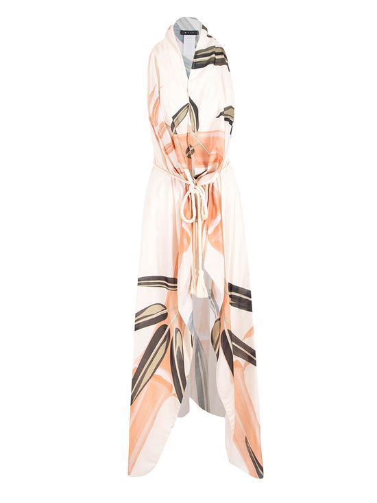 Beli Bağlamalı Kimono Yelek - Bej Desenli
