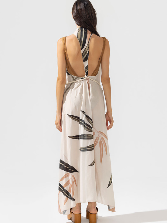 Beli Bağlamalı Kimono Yelek - Bej Desenli