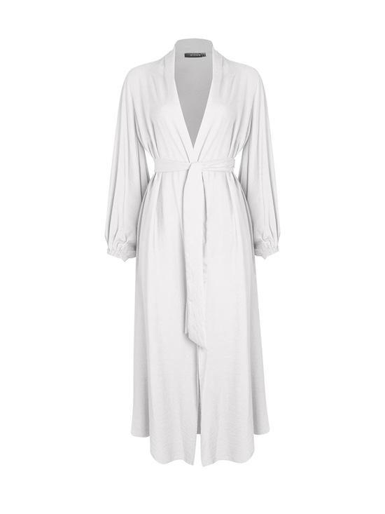 Beli Kuşaklı Kolu Lastikli Viskon Raftan Kimono - Ekru