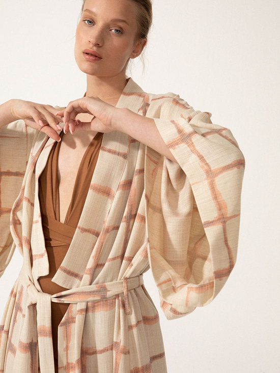 Beli Kuşaklı Midi Kimono - Kiremit
