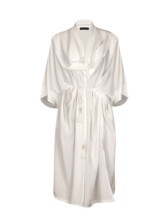 Beli Kuşaklı Şal Yaka Midi Kimono - Ekru