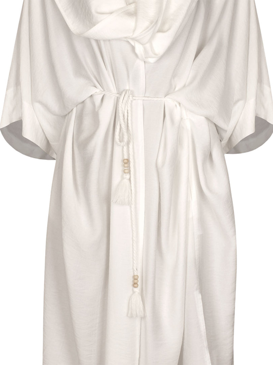 Beli Kuşaklı Şal Yaka Midi Kimono - Ekru