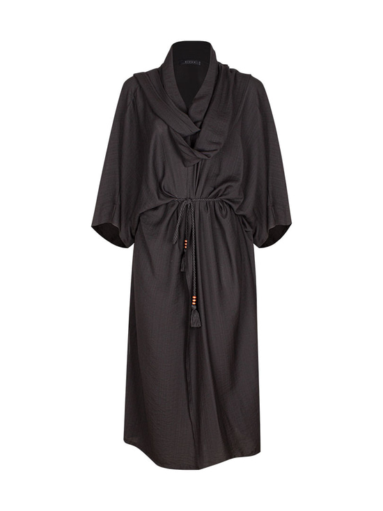 Beli Kuşaklı Şal Yaka Midi Kimono - Siyah