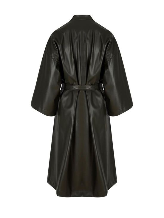 Beli Kuşaklı Uzun Vegan Deri Kimono - Haki