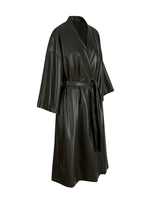 Beli Kuşaklı Uzun Vegan Deri Kimono - Haki