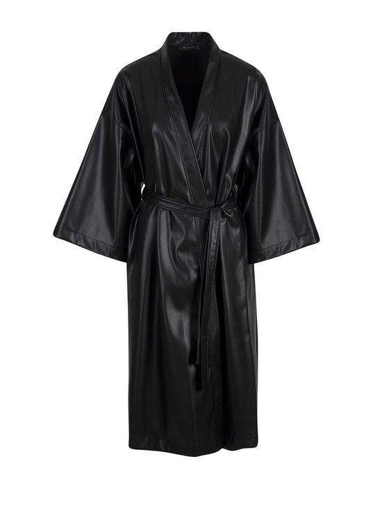 Beli Kuşaklı Uzun Vegan Deri Kimono - Siyah