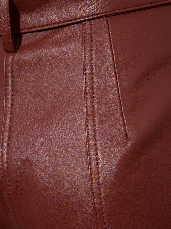 Beli Kuşaklı Yüksek Bel Deri Pantolon - Bordo
