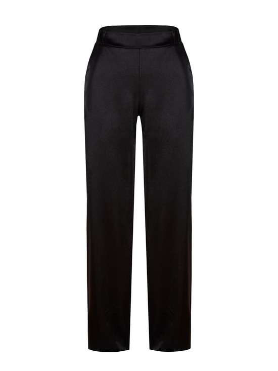 Beli Lastikli Bol Paça Saten Pantolon - Siyah