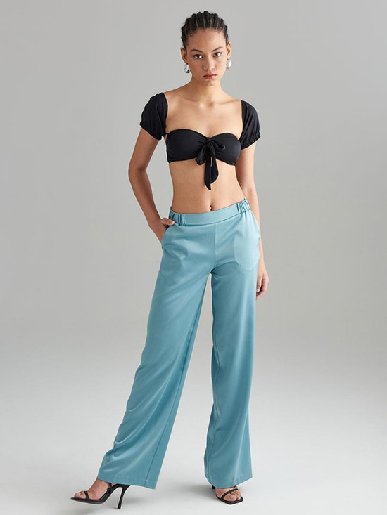 Beli Lastikli Bol Paça Saten Pantolon - Mint