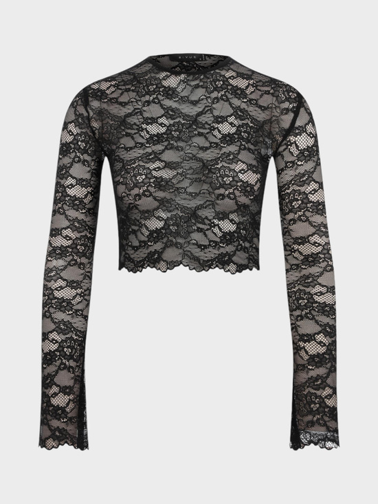 Bisiklet Yakalı Uzun Kollu Dantel Crop Bluz - Siyah Bluz Modelleri
