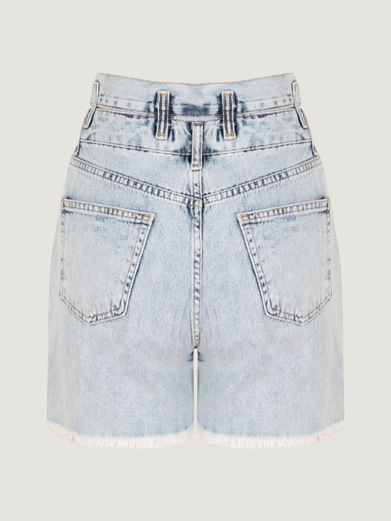 Çift Bel Kemerli Eskitmeli Jean Şort - Light Indigo Şort Modelleri