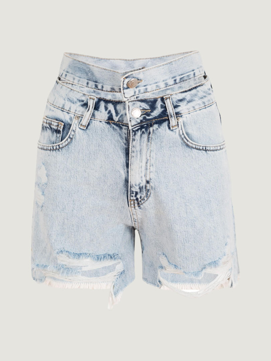 Çift Bel Kemerli Eskitmeli Jean Şort - Light Indigo Şort Modelleri