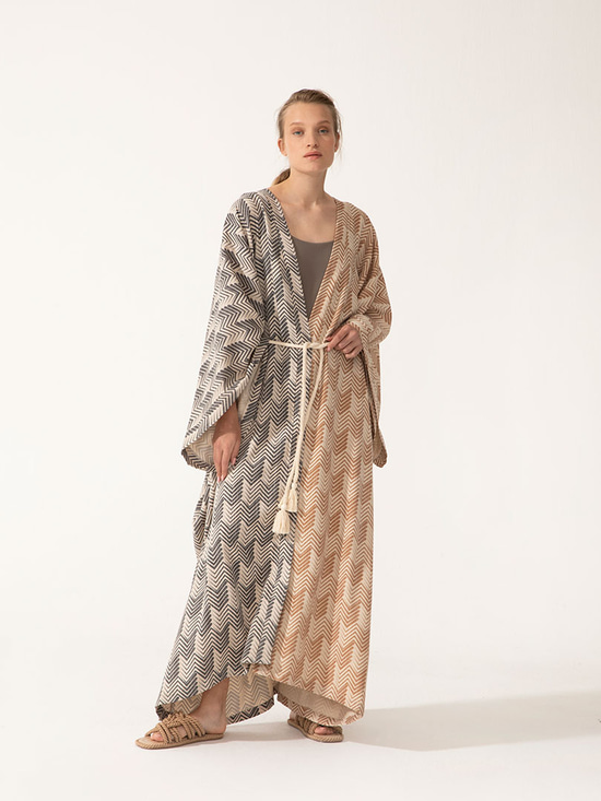 Çift Renkli Bağlamalı Maksi Boy Kimono - Sarı