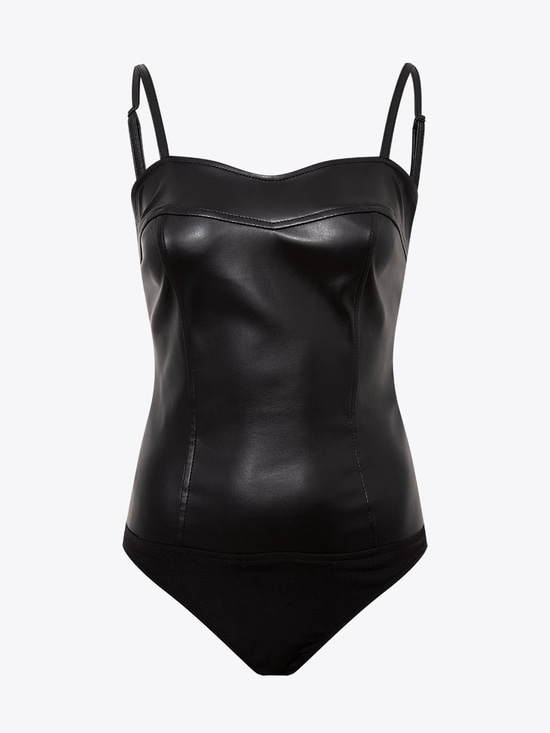 Çıtçıtlı Askılı Vegan Deri Body - Siyah