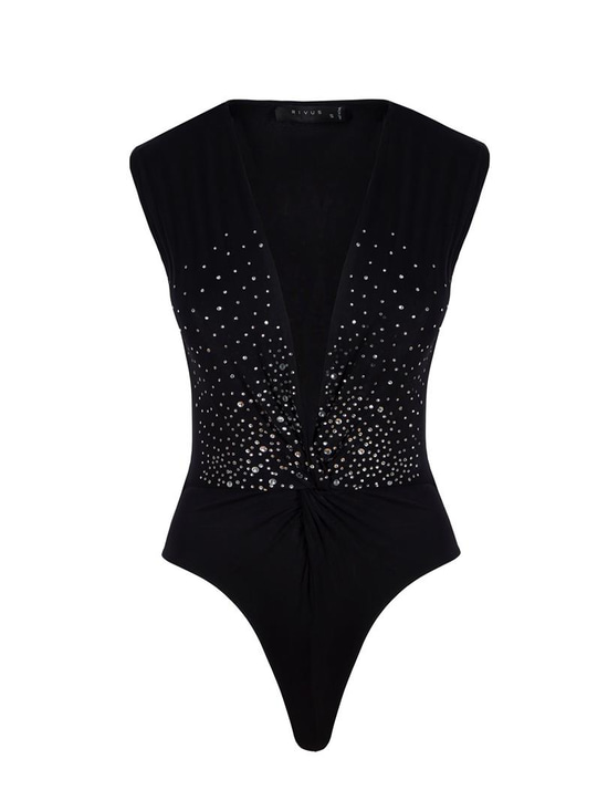 Çıtçıtlı Kolsuz Kristal Taşlı İkonik Body - Siyah