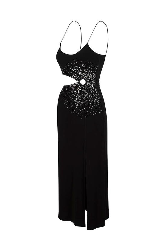 Cut Out Halka Detaylı Askılı Midi Kristal Taşlı Elbise - Siyah