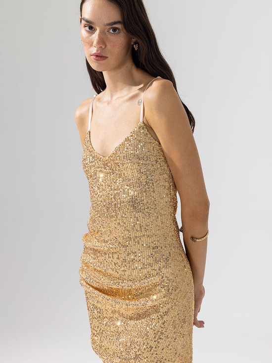 Drape Detaylı Askılı Pullu Mini Elbise - Gold Elbise Modelleri