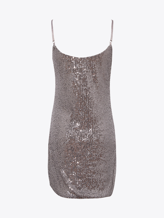 Drape Detaylı Askılı Pullu Mini Elbise - Gri
