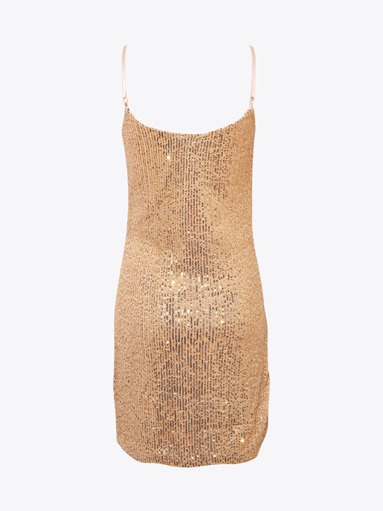 Drape Detaylı Askılı Pullu Mini Elbise - Gold