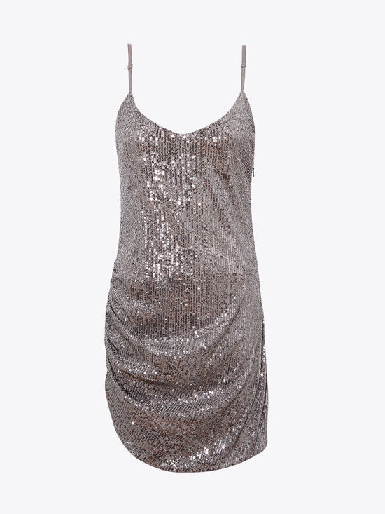 Drape Detaylı Askılı Pullu Mini Elbise - Gri