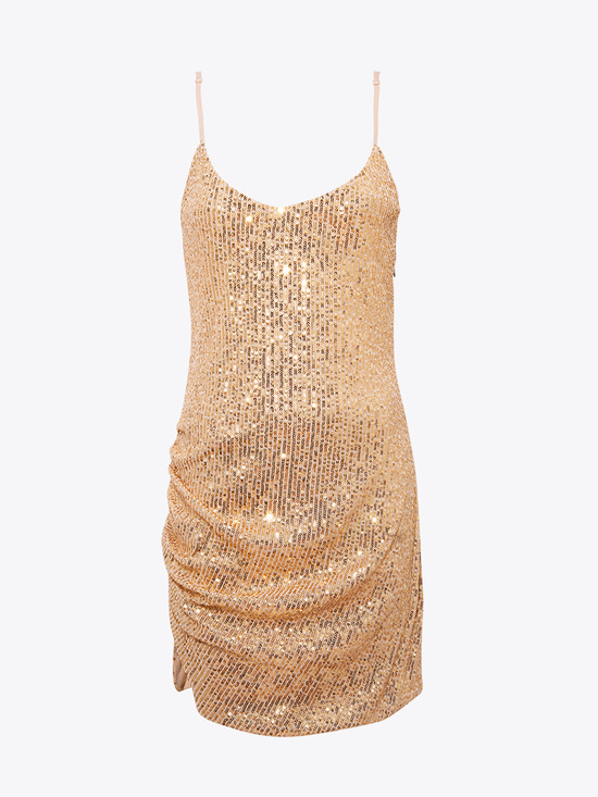 Drape Detaylı Askılı Pullu Mini Elbise - Gold