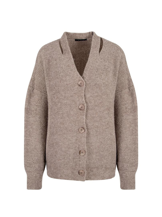 Düğmeli Oversize Cut Out Detaylı Triko Hırka - Bej