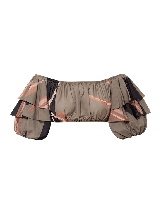 Fırfırlı Lastikli Crop Top - Haki Desenli