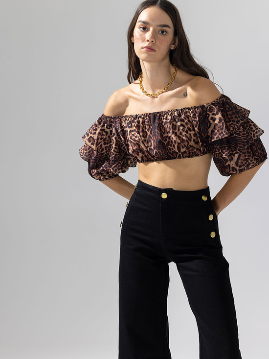 Fırfırlı Lastikli Crop Top - Leopar Desenli